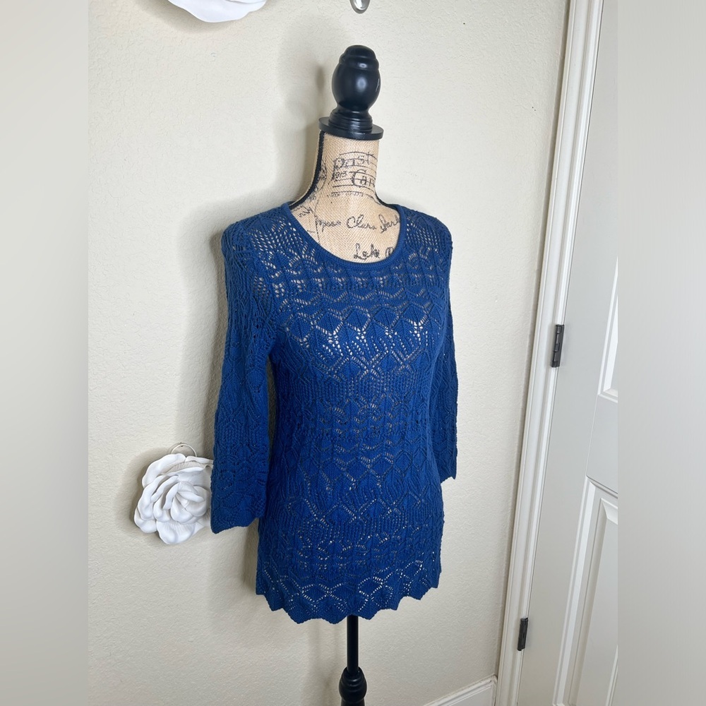 NTM Jeanne Pierre Blue Crochet Pullover Sweater NWT Scoop Neck 3/4 Sleeve Small - Picture 6 of 15